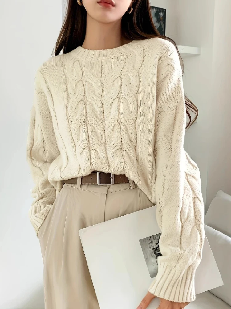 

Elegant Splice Knit Casual Loose Autumn Winter Pullovers Women Sweaters Solid Round Neck Full Sleeve Jumpers Street Wear