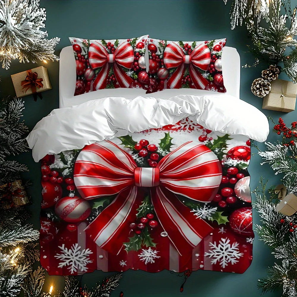 3Pcs 2D Bedding Digital Print Quilt Cover Set, Christmas-Themed Designs with Festive Bows, Sleighs, Deer, Gift Boxes, and Christmas Trees, Made of 100% Polyester Brushed Fabric, Digital Print Quilt Cover Set Without Filling, Soft and Comfortable, Suitable for Bedrooms, Hotels, Inns, Valentine's Day Gifts, School Dormitories (1*Quilt Cover + 1/2 Pillowcase), Can Be Used as Holiday Gifts