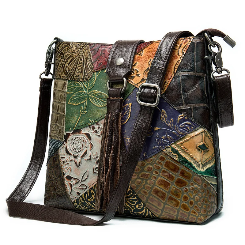 Fashionable Women Shoulder Bag Ethnic Style Genuine Leather Crossbody Bags of Female Ladies Patchwork Leather Sling Bag