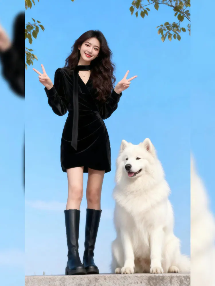 

Retro Bla Velvet Dr Women's Design Sensation Minor Trendy Sa V-Ne Bodycon ort Skirt Autumn Winter French Sle