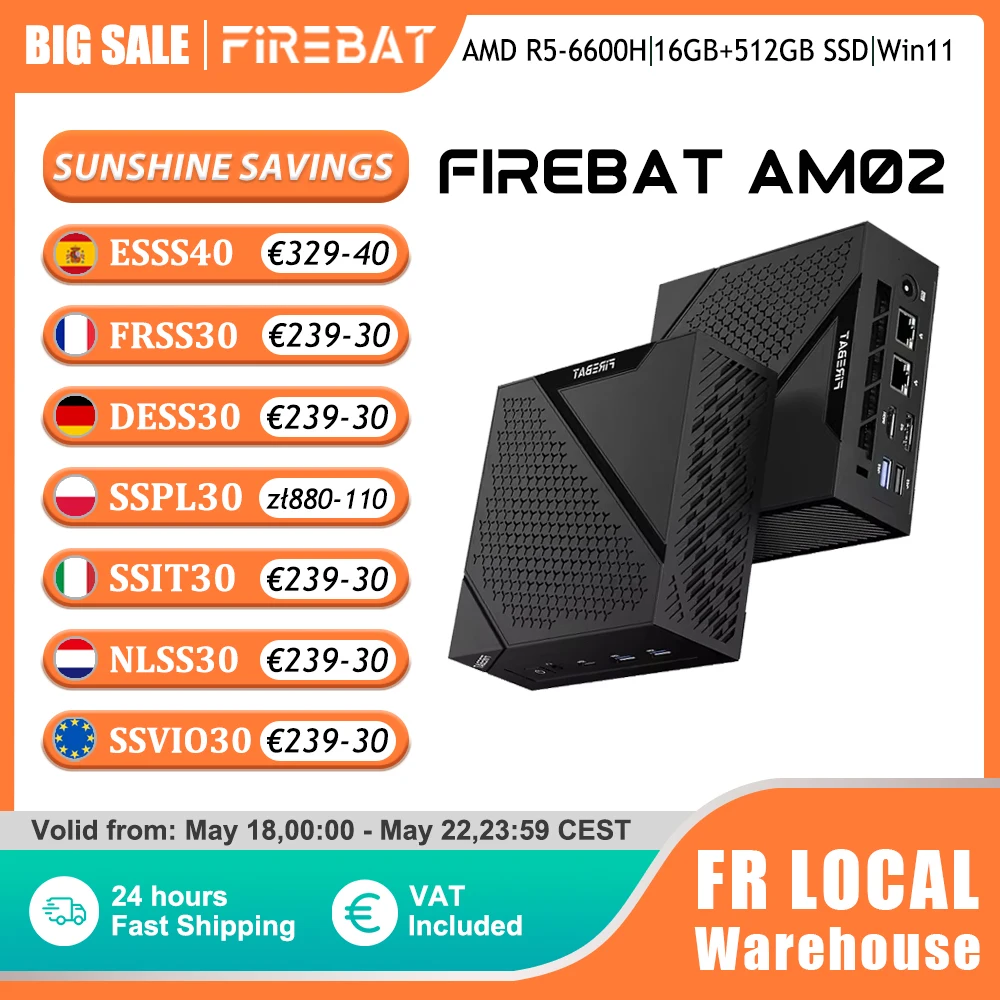 FIREBAT MINI PC AM02 Ryzen 5 6600H 16GB DDR5 512GB SSD Windows 11 WIFI6 BT5.2 Ordinateur de bureau compact Port réseau HDMI