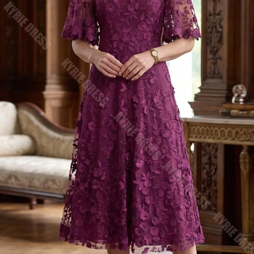 Modern Mother of The Bride Dress Customized Short Sleeves Lace Flowers Applique Tea Length Women Wedding Guest Gowns Party Dress