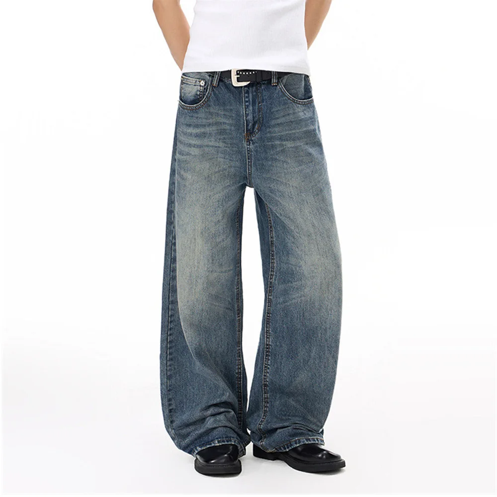 

Мужские широкие джинсы свободного кроя, винтажные, с эффектом потертости, прямые, повседневные, в стиле стритвир, хип-хоп брюки, новинка 2026 года