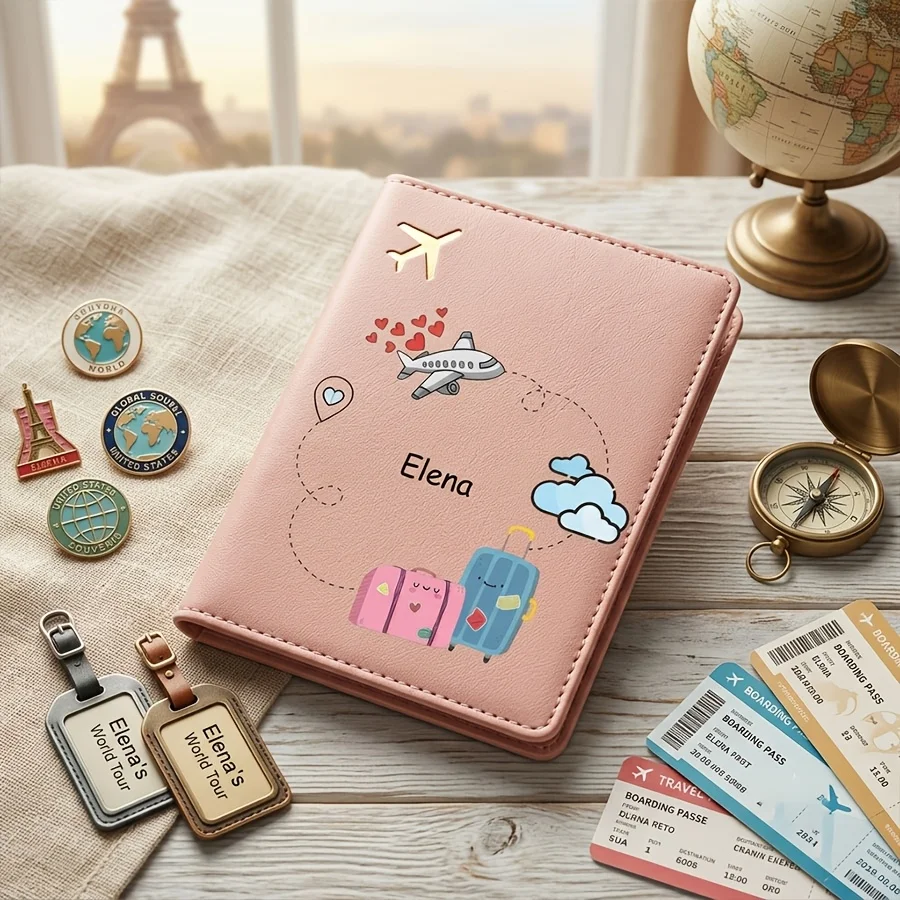 Custom Text Name Passport Holder • Cute Cartoon Travel-Themed Illustrated ID Case • Lightweight Open-Closure Design