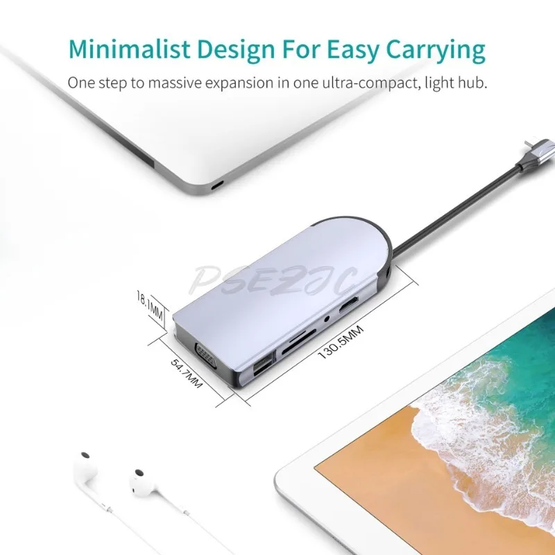 10-in-1 Type-C Hub: USB 3.0, 100Mbps RJ45 Docking Station