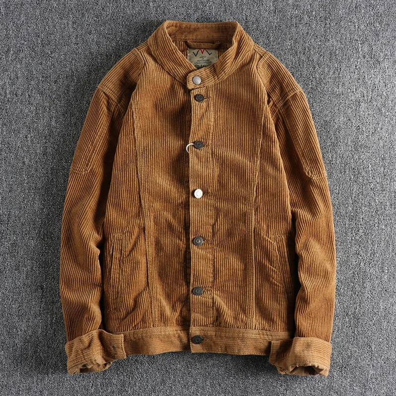 Khaki Retro Motorcycle Fan Washed Corduroy Jacket Man, Slim-fit Short Trend with Youth Coat Jacket