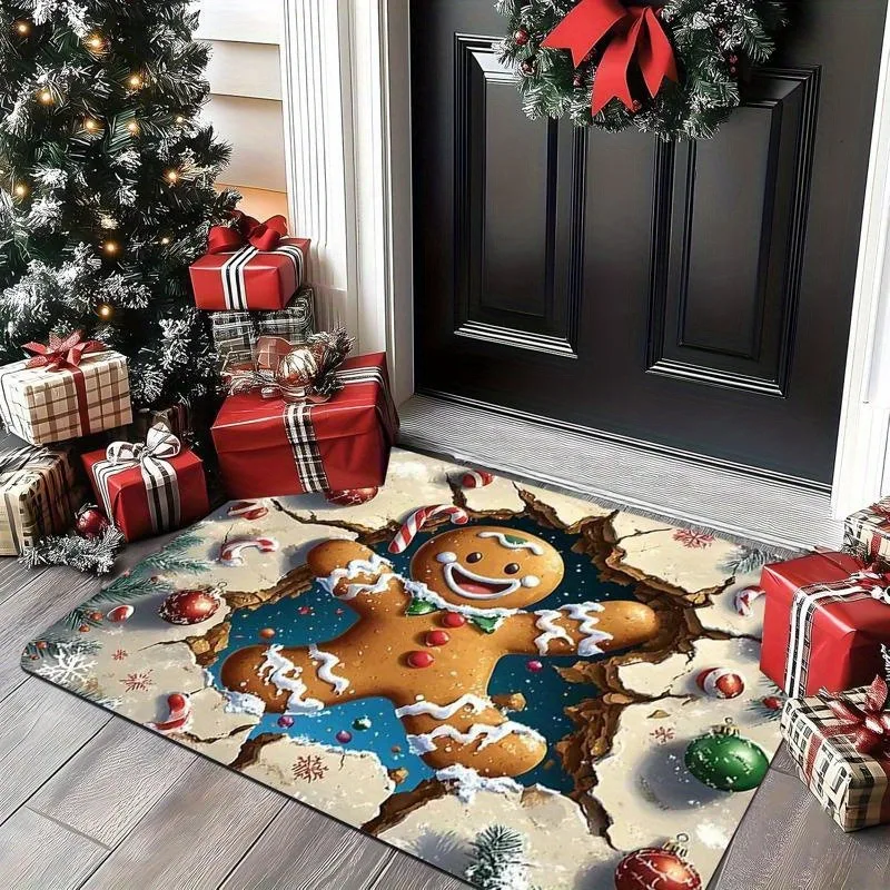 VIKAMA 3D Gingerbread Man Rug, Christmas Ground Break Illusion Doormat, Soft Fluffy Non Slip Small Mat for Entryway Porch Decor