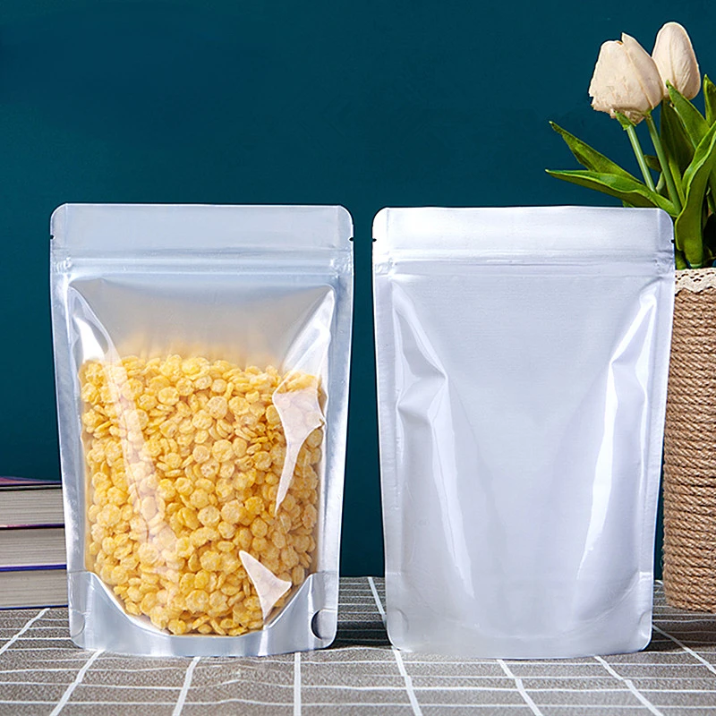 

50pcs Stand up Aluminum Foil Zip Lock Bag Thick Clear Front Silver Back Resealable Snack Coffee Dried Fruit Powder Candy Pouches