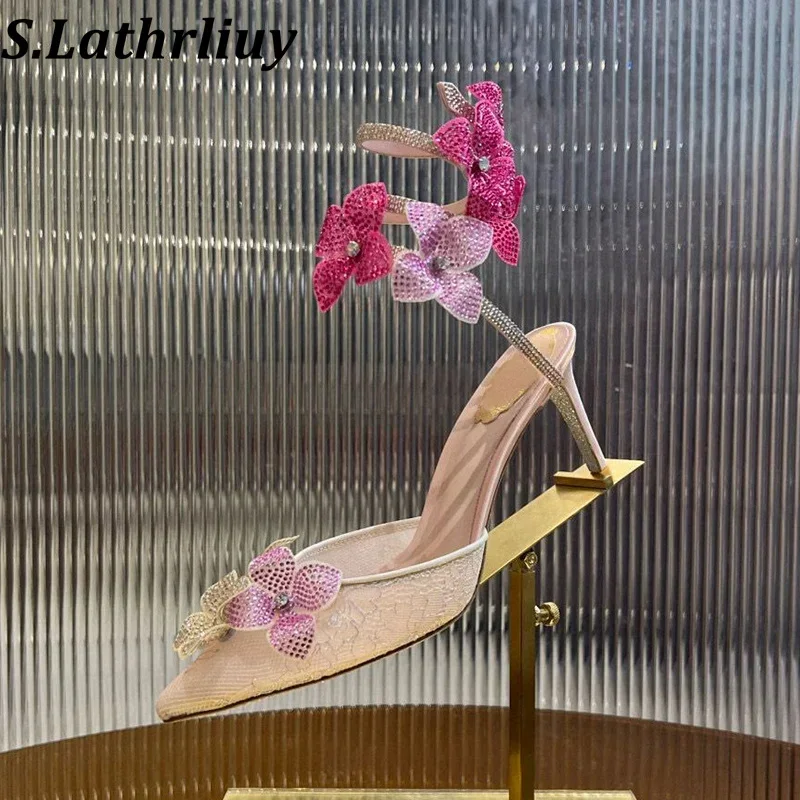 Pumps Spring Summer Women Thin High Heels Gladiator Sandalias Pointed Lace Shining Crystal Flower Sandals Banquet Dress Shoes