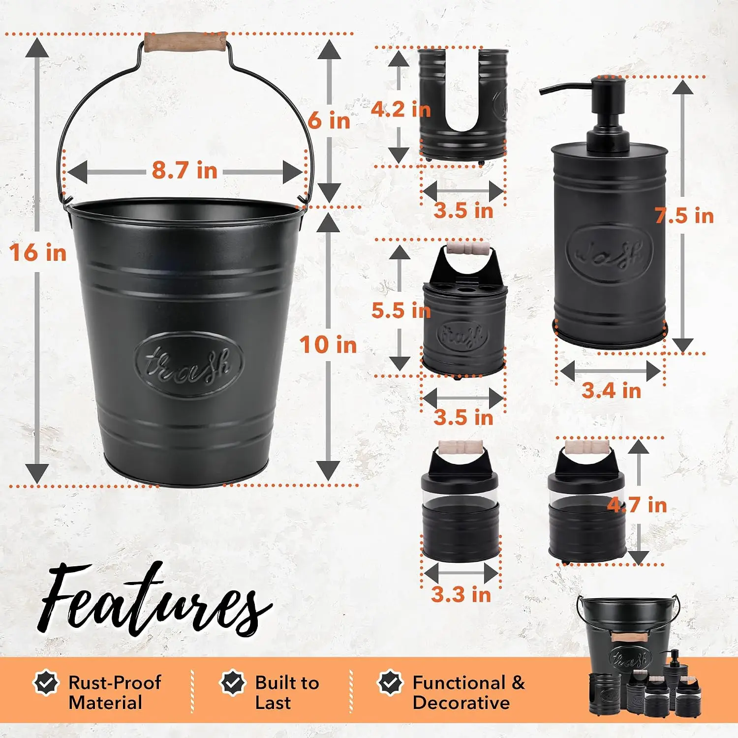 6-Piece Rustic Black Farmhouse Bathroom & Kitchen Accessories Set with Trash Can, Soap Dispenser, Toothbrush Holder, Sponge Holder & 2 Apothecary Jars