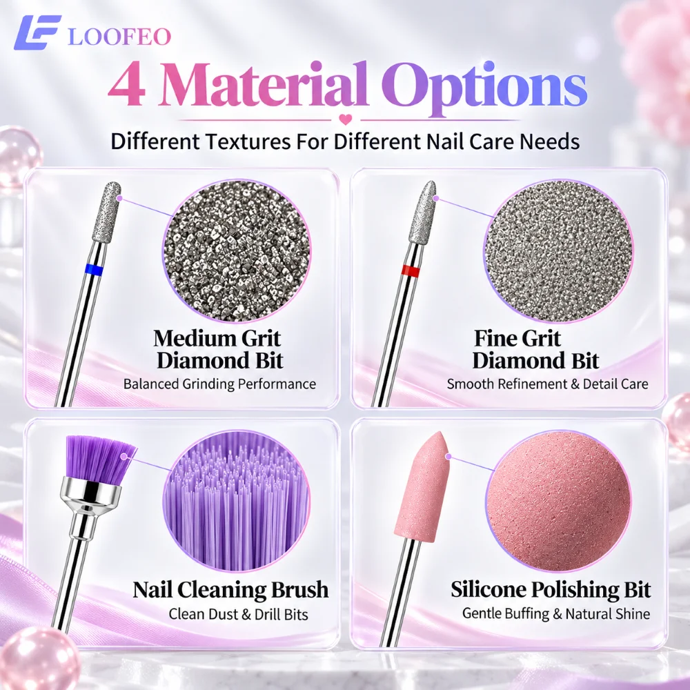 15Pcs Nail Drill Bits Set 2.35mm Fine Medium Grit Diamond Shapes Silicone Polisher Cleaning Brush For Cuticle Care Manicure Prep