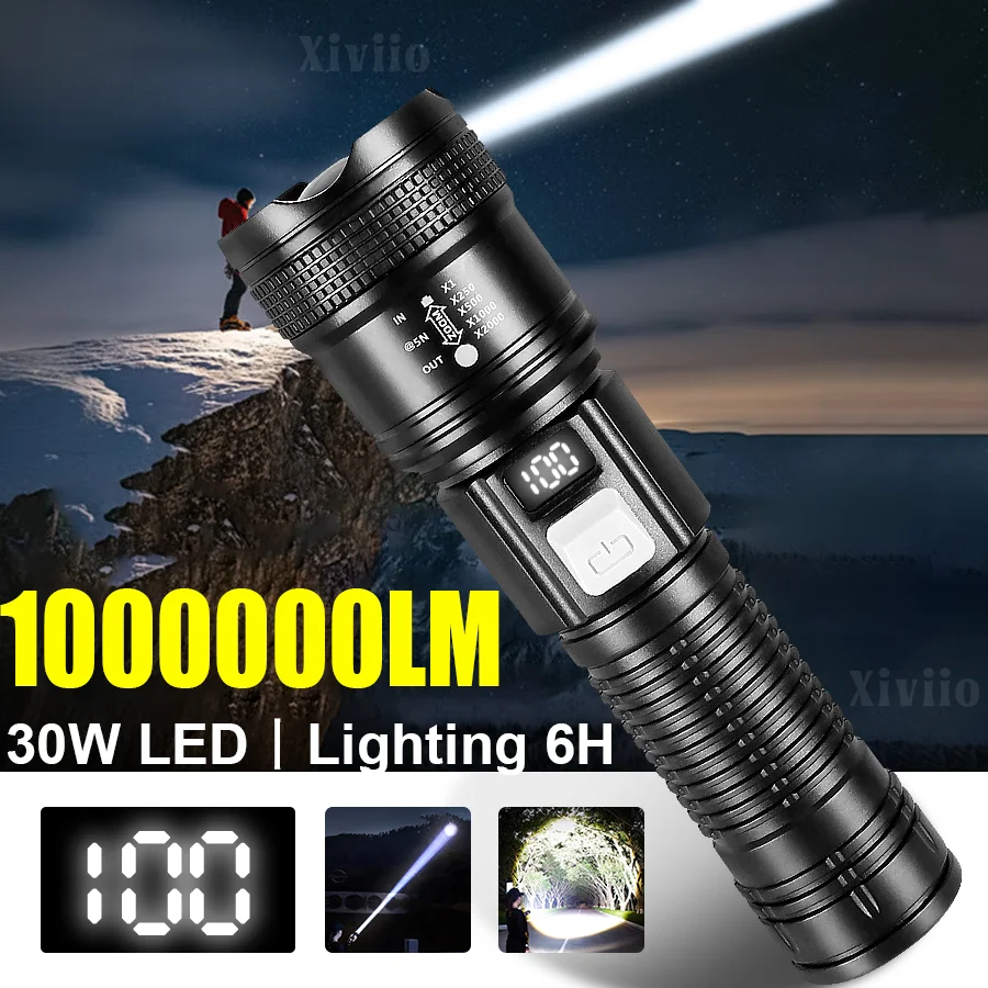 

Super Bright Flashlight Digital Display Built-in Battery 2000mAh Rechargeable LED High Power Outdoor Torch Lamp Camping Lantern