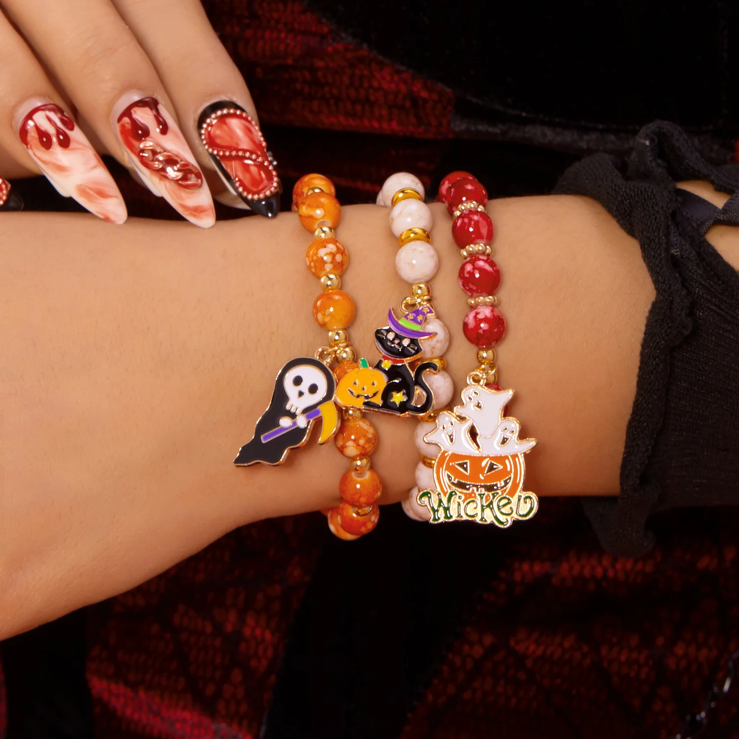 

Stackable Ghost Bat Pumpkin Cat Pendant Bracelet For Women Men Elastic Beaded Bracelet Halloween Party Handmade Jewelry