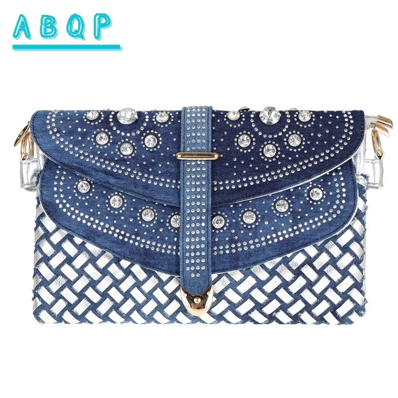 

Women's Shoulder Bag Denim New Girls Backpack Woven Diamond-encrusted Messenger Chain Bag Personalized Blue