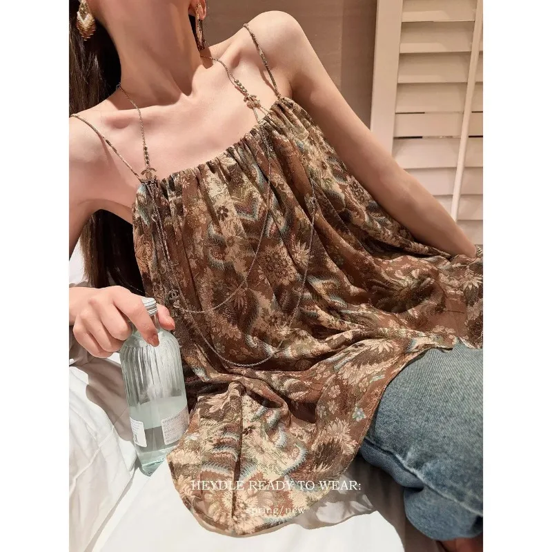 Vintage Floral Print Thin Strap Chiffon Cami Top Loose A Line Casual Sleeveless Blouse