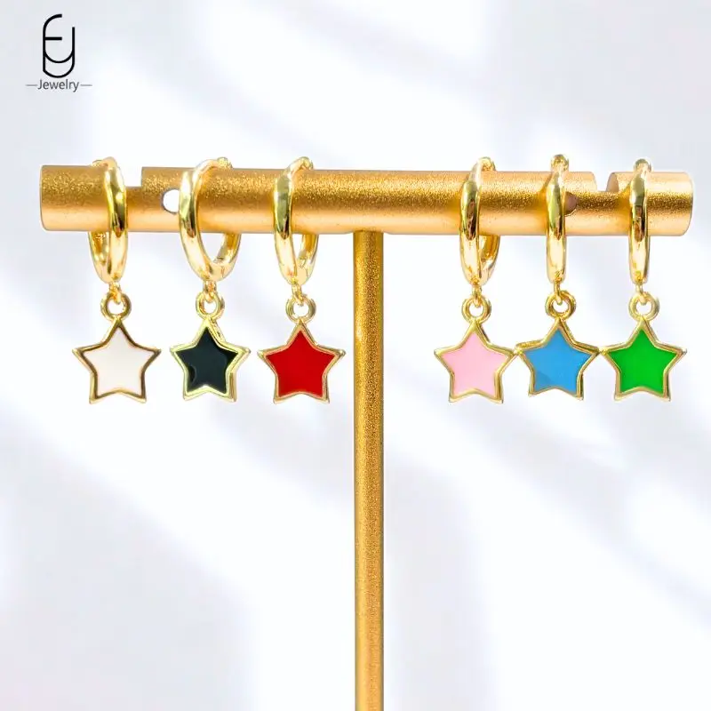 

925 Sterling Silver Needle Fashion Star Shape Pendant Hoop Earrings Colorful Enamel Star Stud Earrings for Women Trend Jewelry