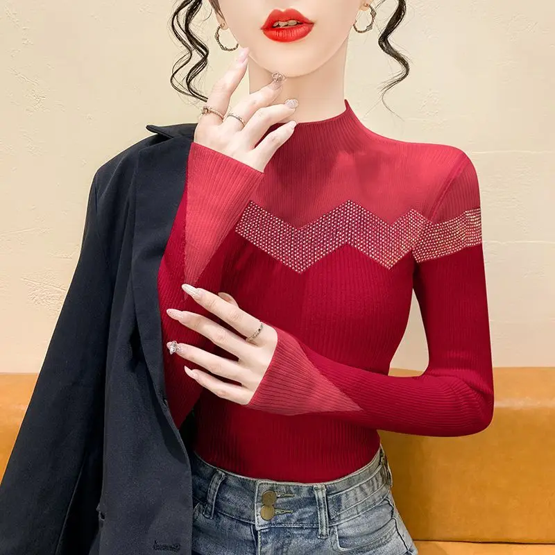 Nuova moda autunno inverno versatile dimagrante elegante top in maglia a maniche lunghe per donne alla moda