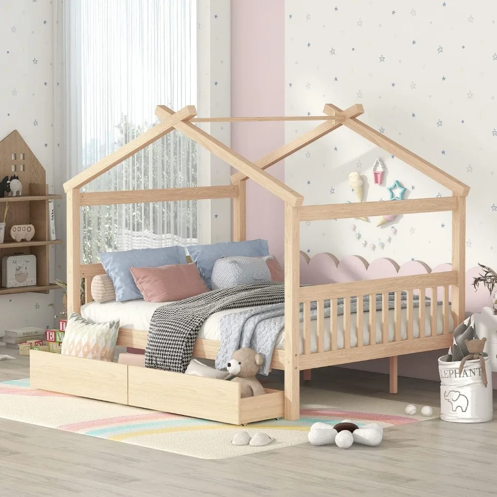 Full Size Bed Frame with Two Drawers and Roof, Wooden House Beds for Kids, Teens, Boys or Girls, Bed Frame