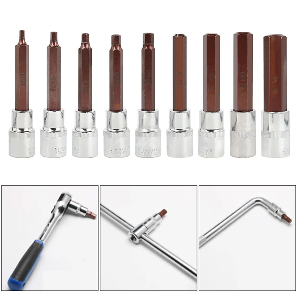 

Metric Hexagon Socket Drive 100mm Long Bit H4-H17 1/2 Extended S-2 Bit Socket Alle-n K-ey Wrench Set Power Tool Accessory