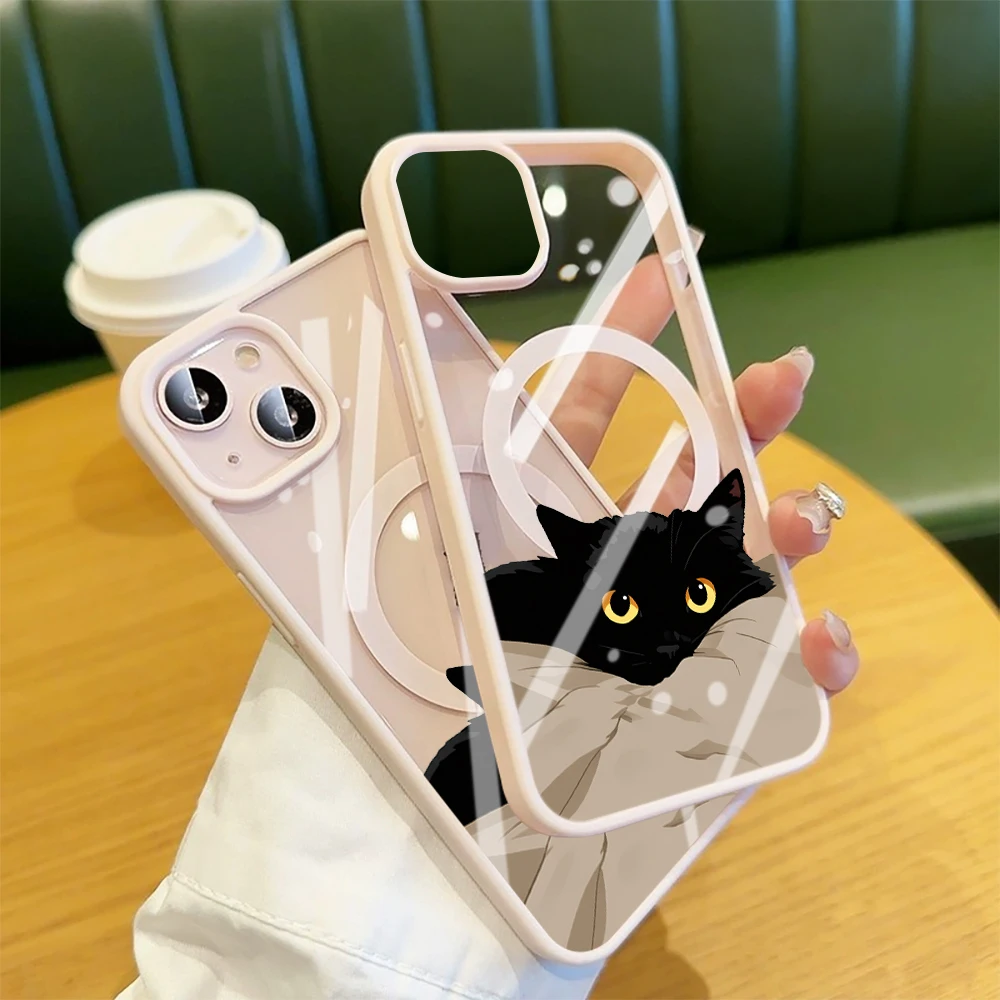 Niedliche Schwarze Katze Ästhetische Transparente Hülle für iPhone 17 16 11 12 15 Pro Max 13 14 Plus Hüllen für Magsafe Kabelloses Laden Drop Cover – Detail 4
