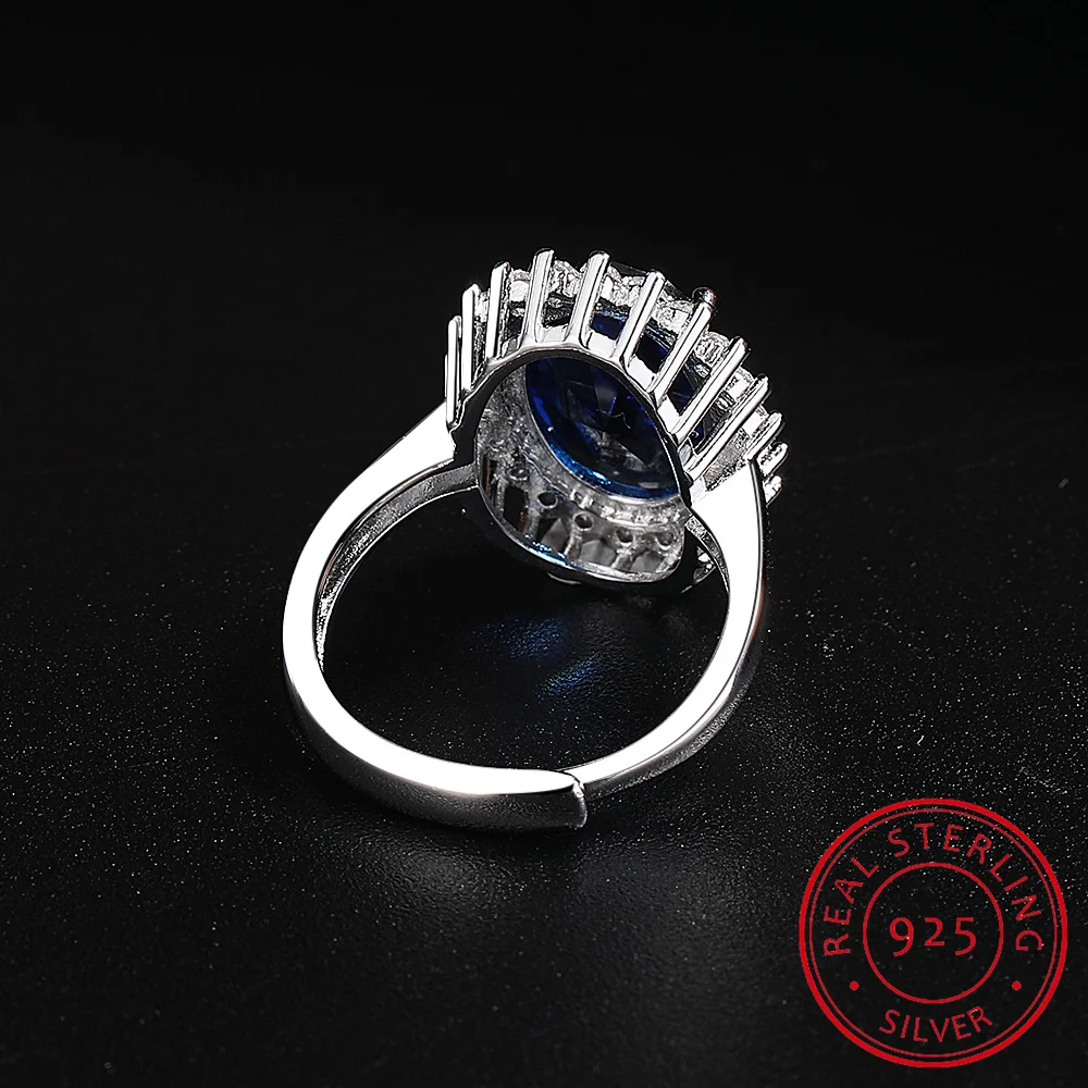 خاتم الأميرة ديانا مكون من الياقوت الأزرق عيار 925 من الفضة الإسترليني قابل للتعديل للنساء مجوهرات كريمة بيضاوية أنيقة هدية زفاف