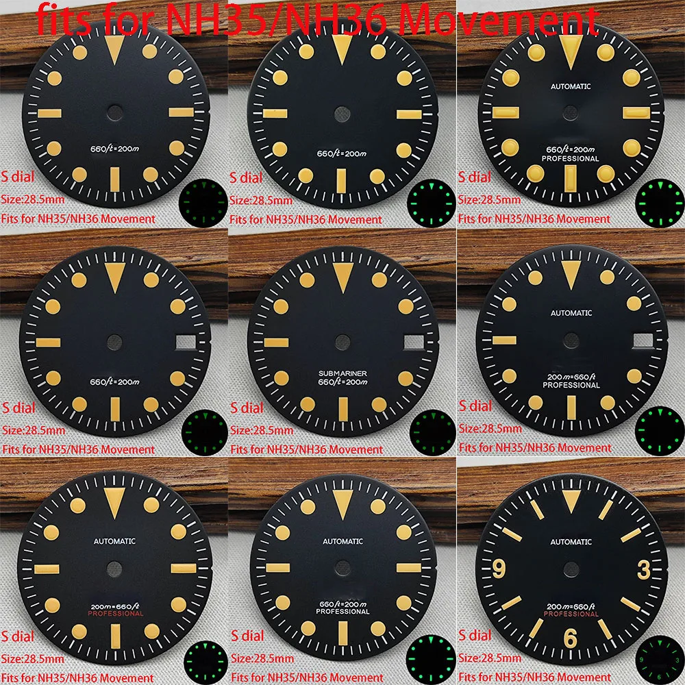 28.5mm NH35 dial High Quality retro dial S dial green luminated dial suitable for NH35 NH36 movement watch accessories