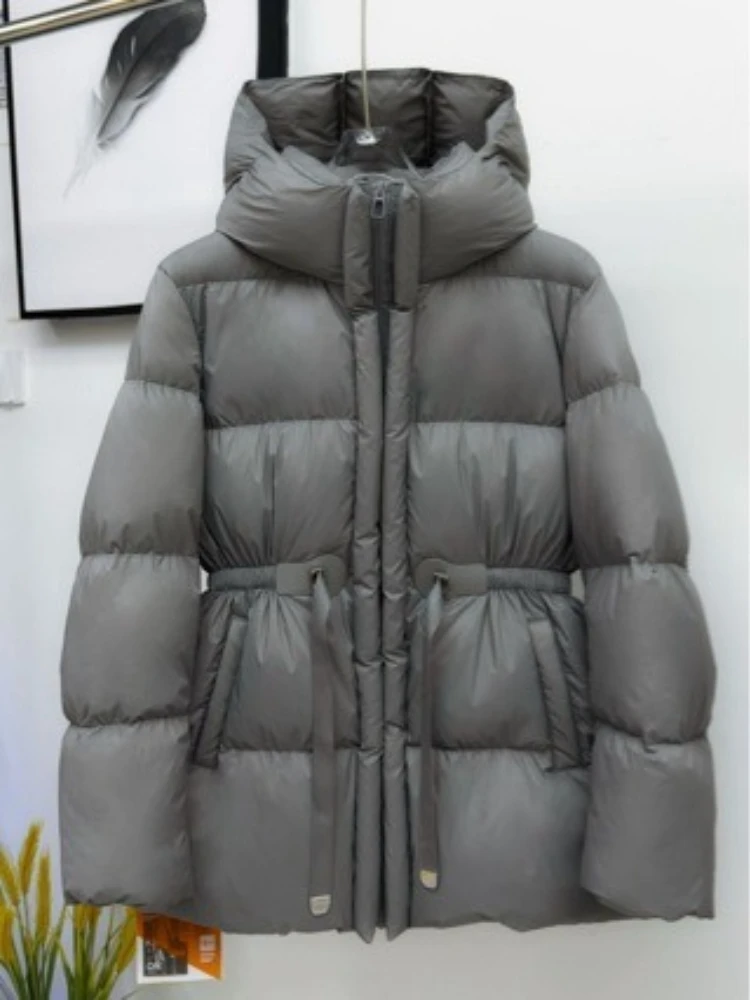 Down Jacket Women 2026 Winter Trendy Mid Length Light Luxe Hooded Drawstring Waist Cinched Slimming Thick Elegant Puffer Coat
