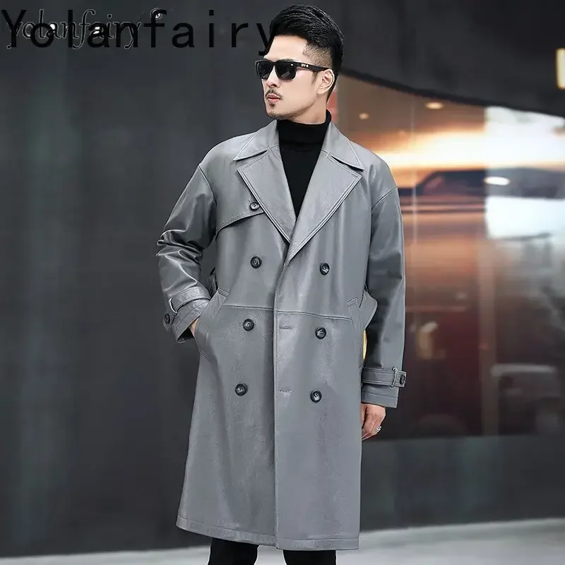 YOLANFAIRY High End Men's Pure Cowhide Jackets Genuine Leather Jacket Men Clothing Fashion Long Windbreaker Trend Mens Jacket