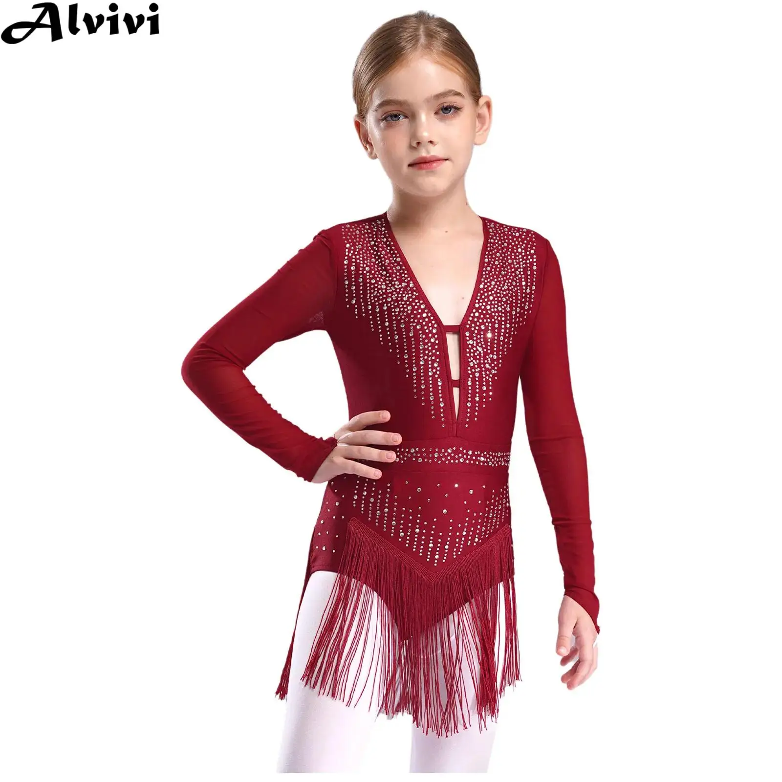 Kids Girl Latin Dance Bodysuit Figure Skating Cha-cha Samba Rumba Tango Dress Long Sleeve Shiny Rhinestone Cutout Tassel Leotard