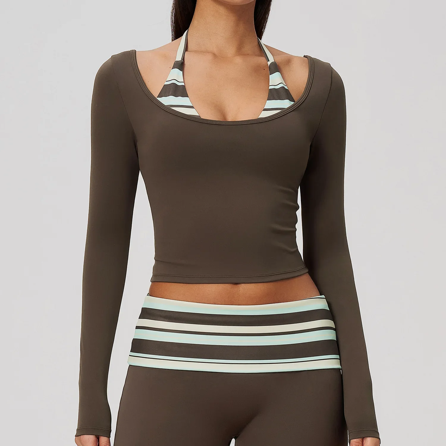 Yoga Long Sleeve Fitness Top Gym Workout Women Halter Stripe Splicing Cropped Active Shirts Breathable Workout Sports Training