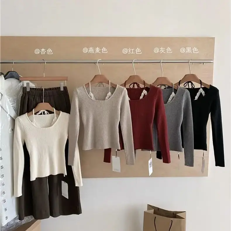 Fake two piece spliced ​​halter neck wool sweater autumn and winter inner layering shirt slim fit sweet spicy long-sleeved top