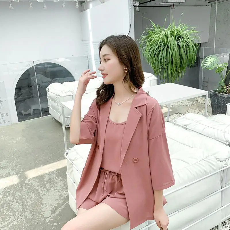 Women Loose Fit 3 Piece Outfit Korean Style Camisole Shorts And Suit 2026 Spring Summer Casual Streetwear