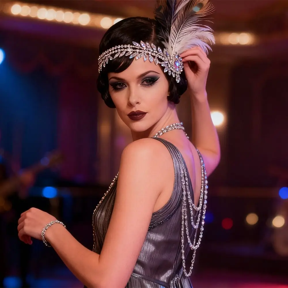 Exquisite Vintage Feather Headband Crystal Zircon Cosplay Dress Headwear Elegant Makeup Party 1920s Hair Accessories Women