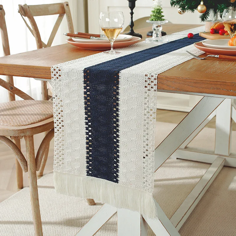 Farmhouse Table Runner Beige Ivory Boho with Tassels Woven Texture Linen Neutral Bohemian Decoration for Kitchen Dining