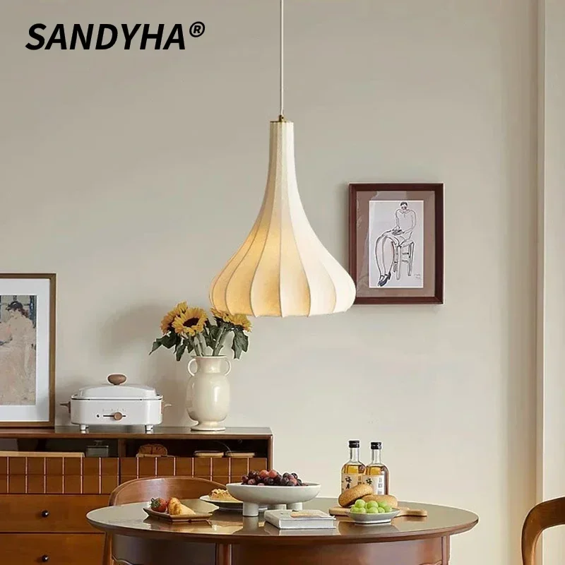 

SANDYHA Nordic Japanese Silk Pendant Lamp LED Chandelier Living Room Dining Table Bedroom Study Home Decoration Lighting Fixture