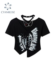 Women's Black Gothic Print T-shirt Harajuku Korean Aesthetic Y2k Tee Top Vintage Short Sleeve T-shirts Emo 2000s Clothes Summer