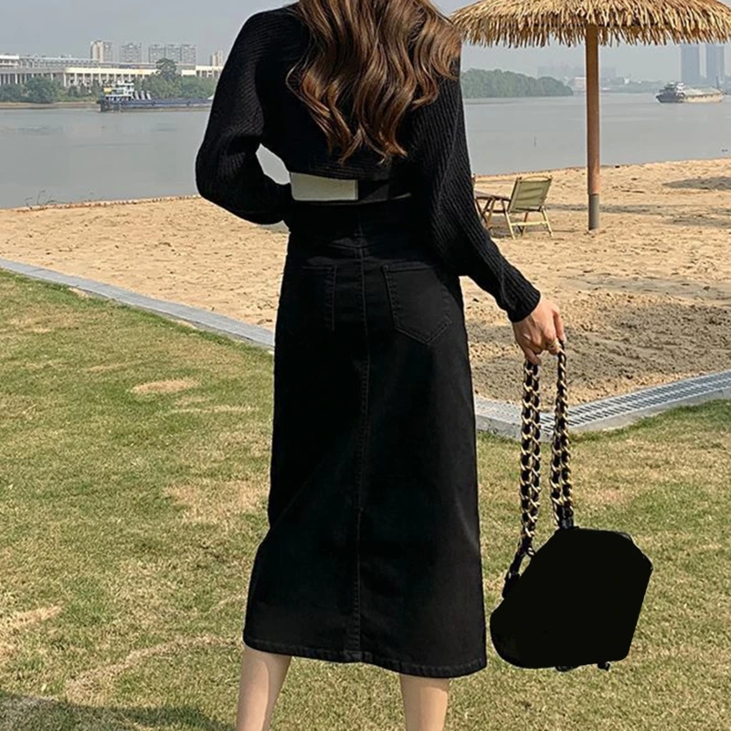 Vrouwen Split Lange Denim Rokken Zomer Hoge Taille Denim Rok Nieuwe Zomer A-Lijn Rok Met Omwikkelde Billen Rok Peervormig