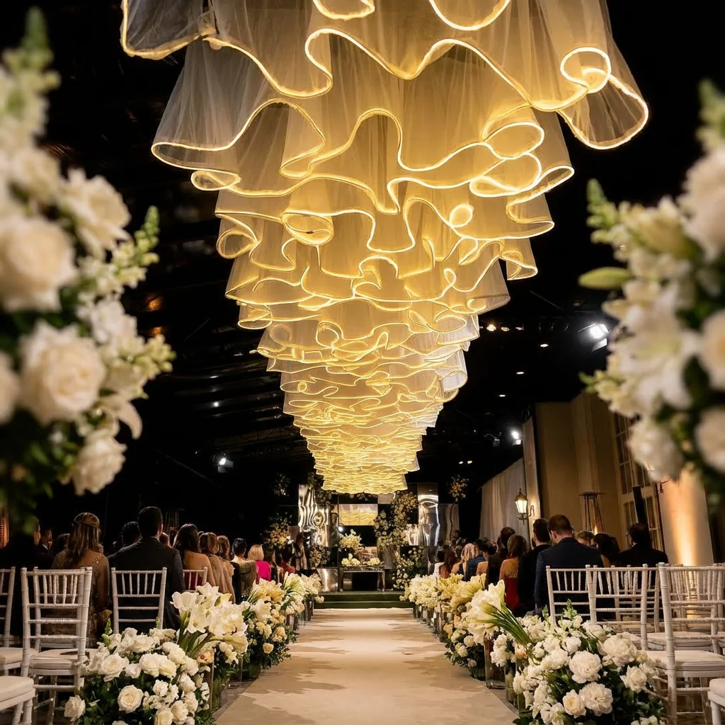 

Новые стили, белое украшение потолка, волнистая марлевая занавеска с подсветкой, веревка для свадьбы, рождественского мероприятия, реквизит для макета сайта