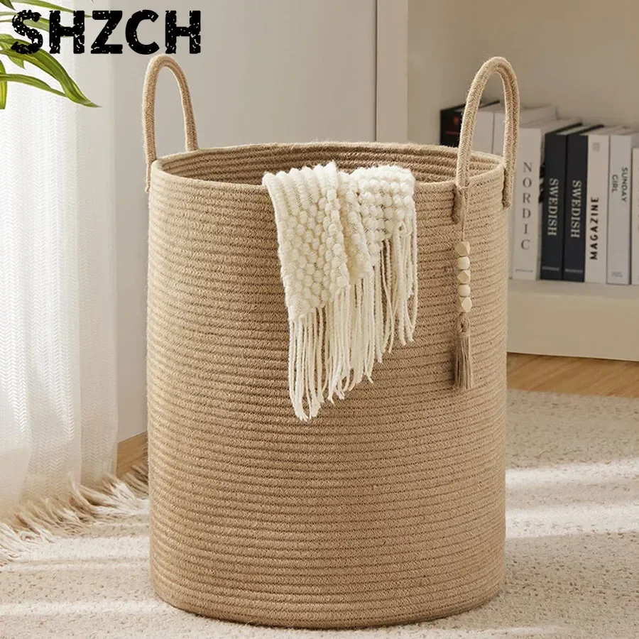 Large Storage Basket Tall Woven Decorative Laundry Hamper with Handles Foldable Cotton Rope for Clothes Kids Toys Living Room