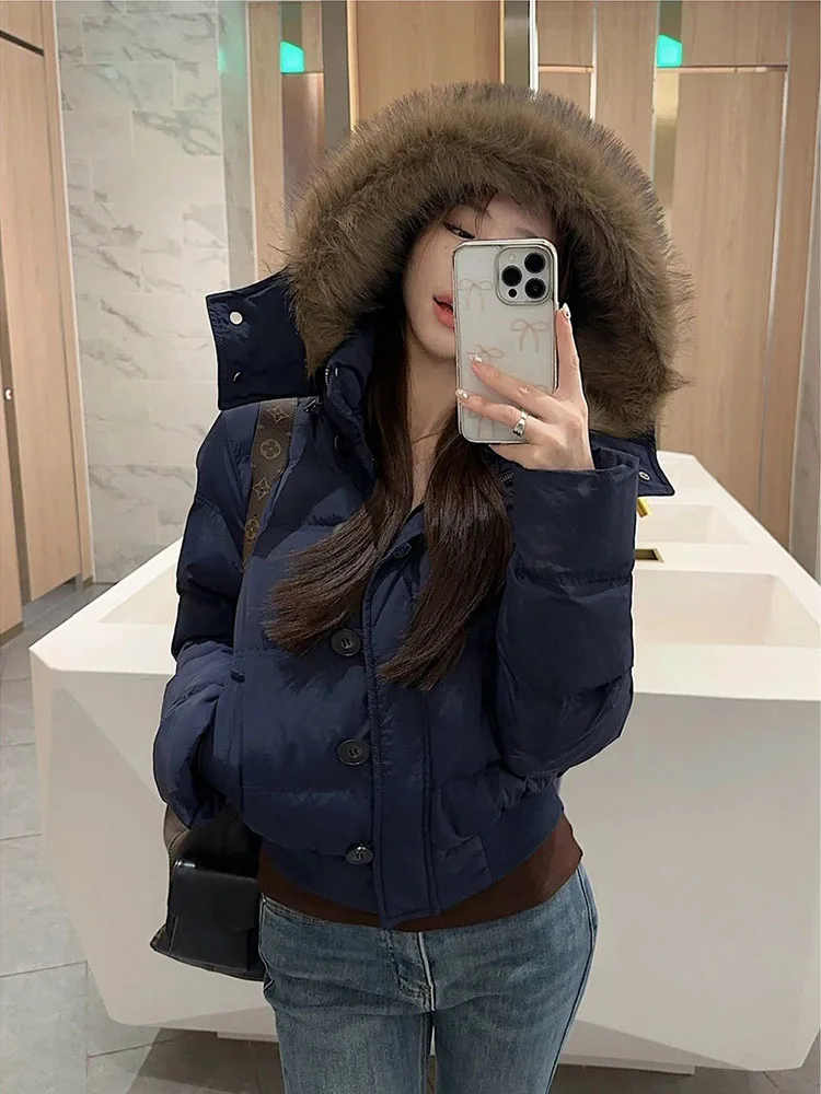 

Новая зимняя женская стеганая хлопковая куртка с капюшоном и меховым воротником, теплая верхняя одежда в корейском стиле, свободный крой, длинный рукав, на молнии