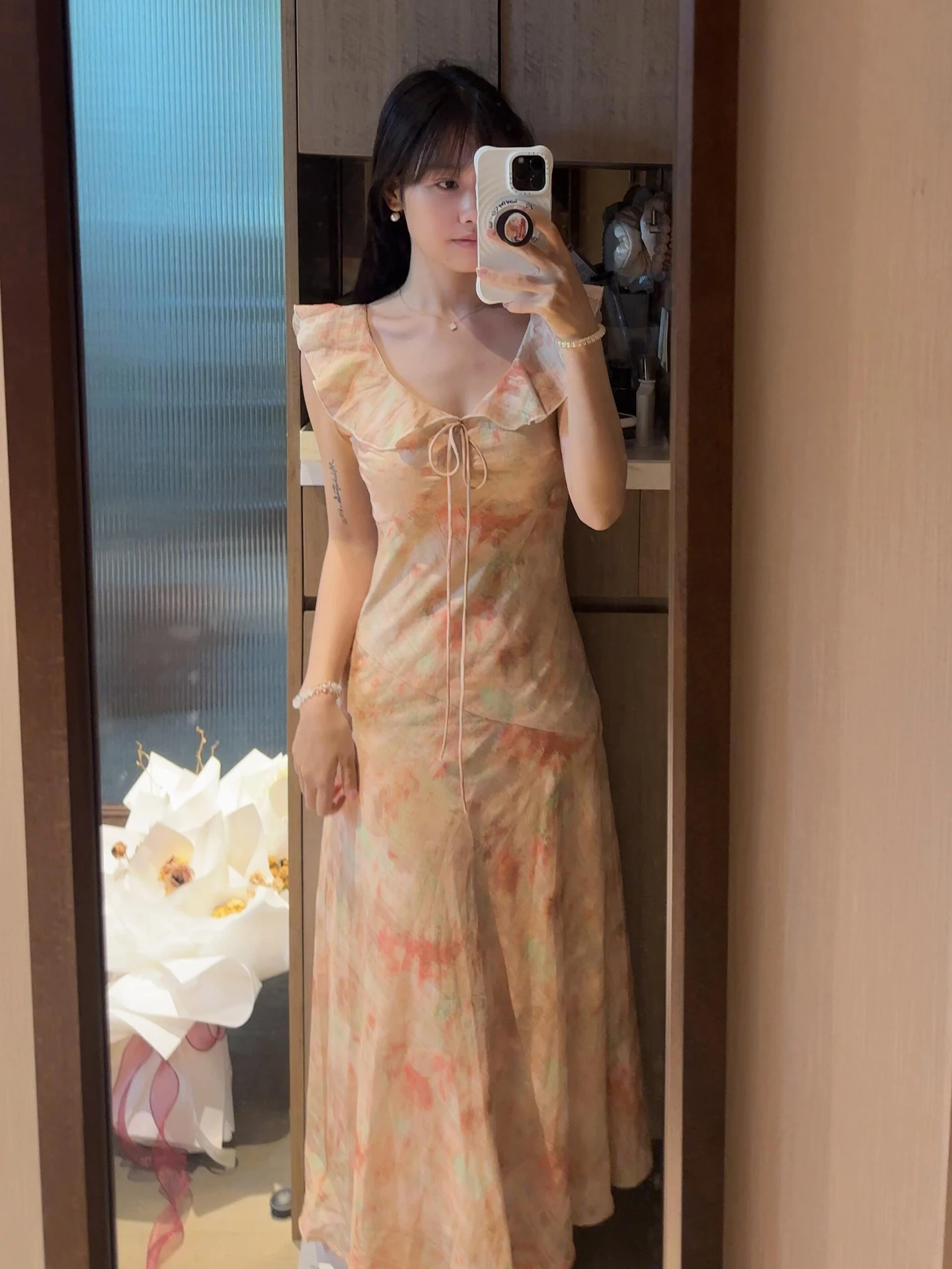 2025년 여름 여성용 부드러운 플로럴 프린트 닥터 롱 A라인 스커트 또는 Sve 하이웨이스트 V넥 캐주얼 스윗 슬레 Kming 브랜드