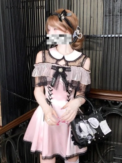 

Elegant Princess Dresses Mine Series Mass-Produced Sweet Doll Collar Lace Off-Shoulder Short Sleeve High-Waist Slim Mini Dress
