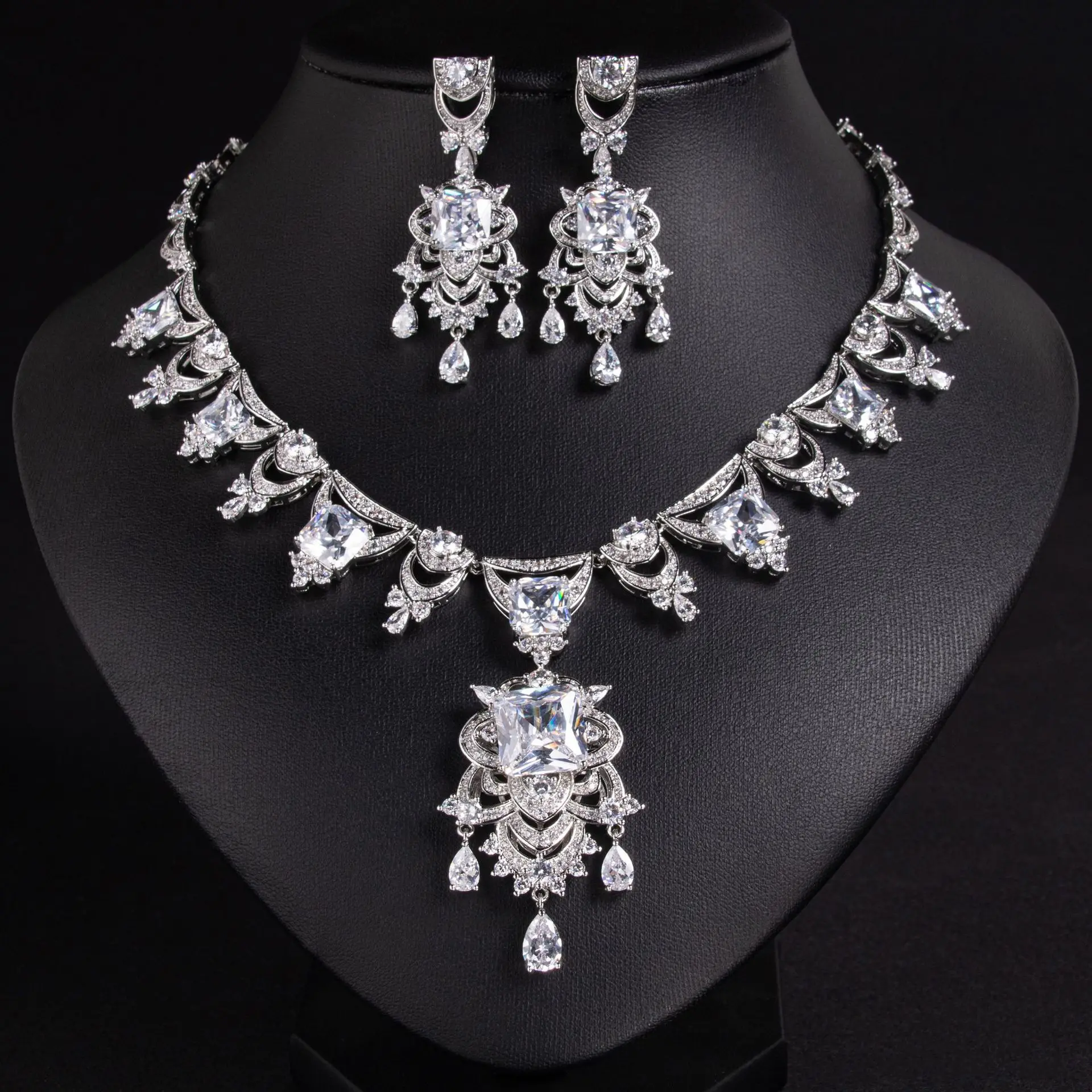 Nigeria Vivid Translucent Colourful Zirconia Jewellery Set Necklace Earrings Dress Women's Accessories Party Wedding Gift M-294