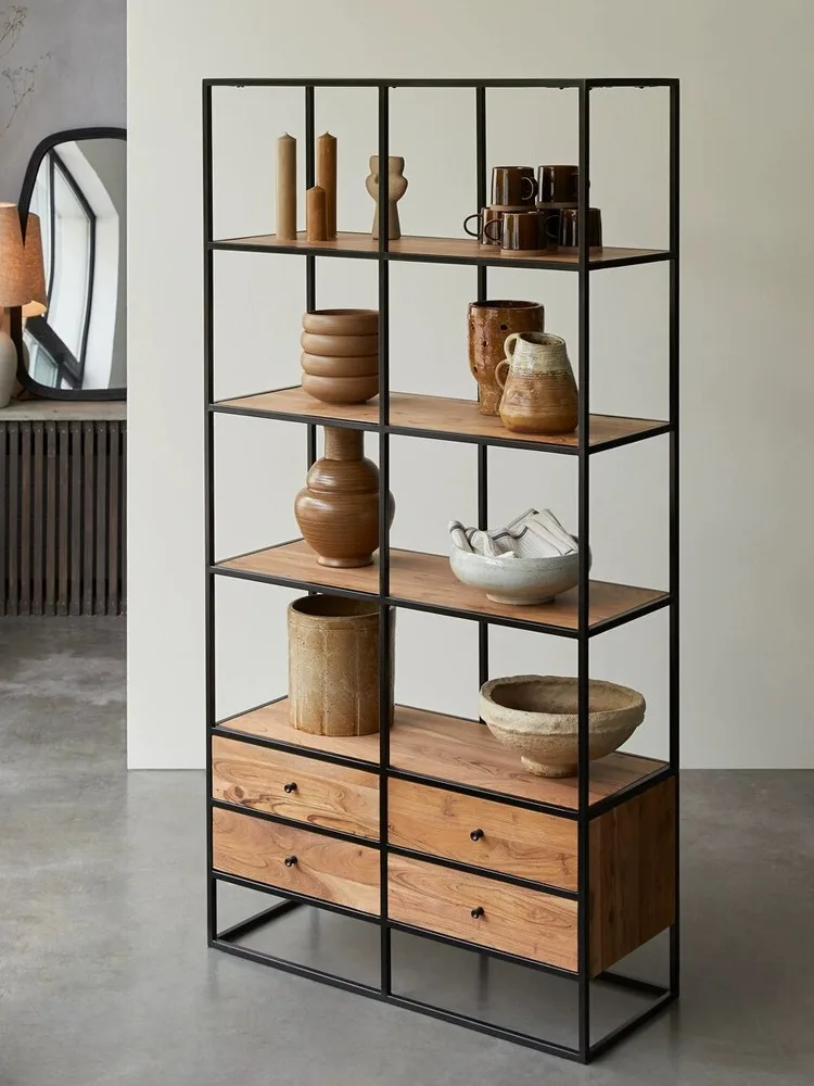 Floor to ceiling modern minimalist shelves with drawers, storage cabinets, display racks, family living room