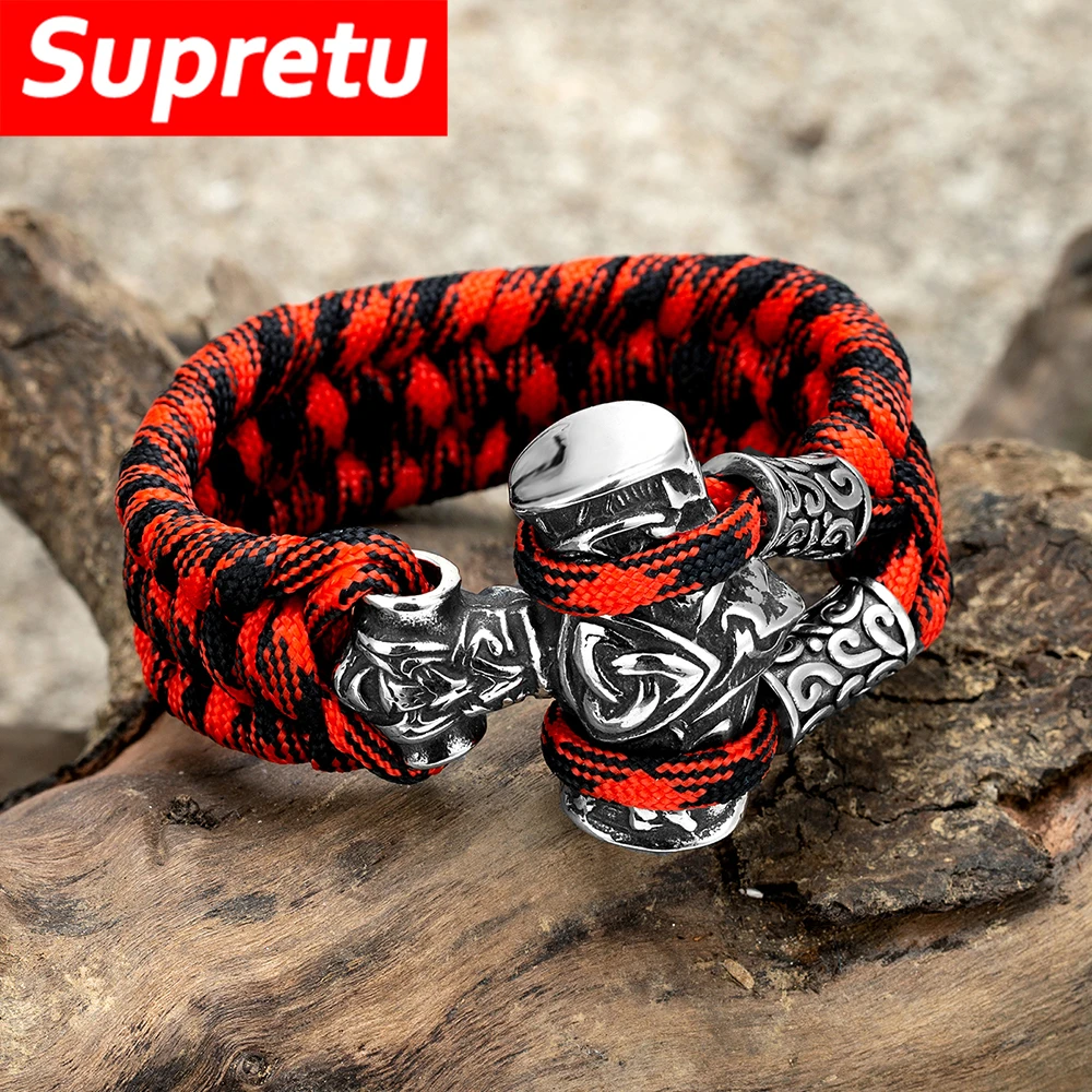 Norse Runes Thor\'s Hammer Bracelets Men Stainless Steel Vikings Survival Paracord Rope Wristband Handmade Braided Jewelry Gifts