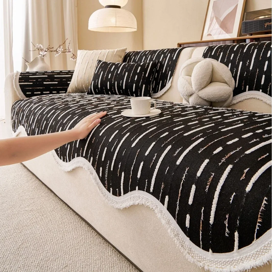 Irregular Four Seasons Universal Chenille Sofa Cover Solid Color Striped Sofa Towel for Living Room Non-Slip Couch Cushion Home