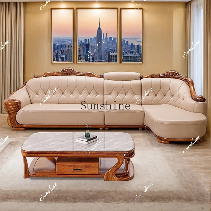 European leather sofa solid wood carving flower high-end luxury corner princess combination