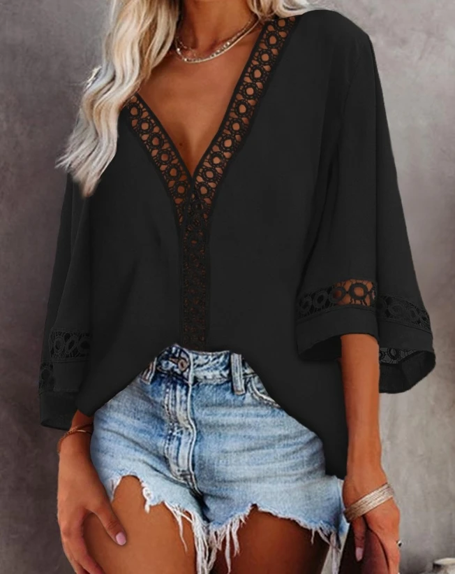 Dames Blouse Tops Casual Zomer Mode Normale Effen Kleur Holle Bel Driekwart Mouw V-Hals Losse Fit Shirt Top