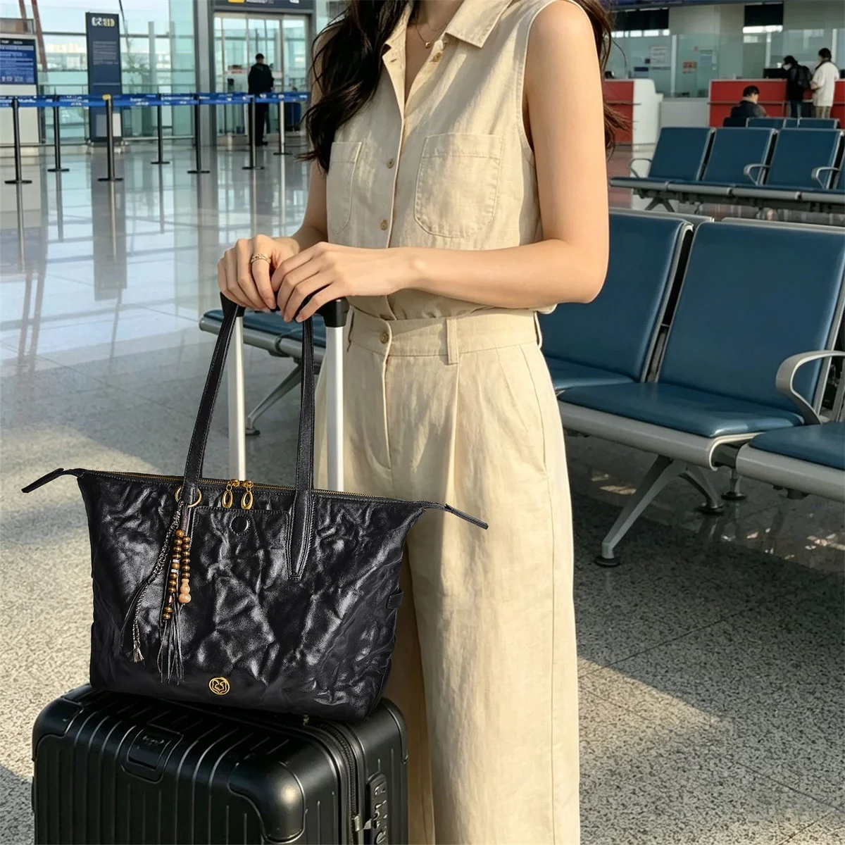FOXER Luxury Brand Tote Bag for Women Black Genuine Leather Shoulder Bag Large Capacity Lady Travel Handbag Female Work Purse
