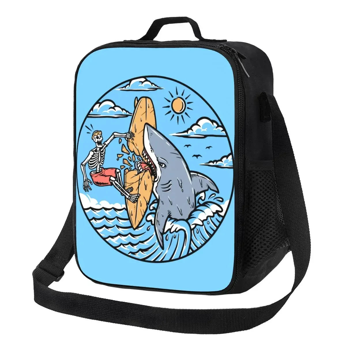 Custom Skull Surfer Attacked By Shark Lunch Bag Women Cooler Thermal Insulated Lunch Box for Student School